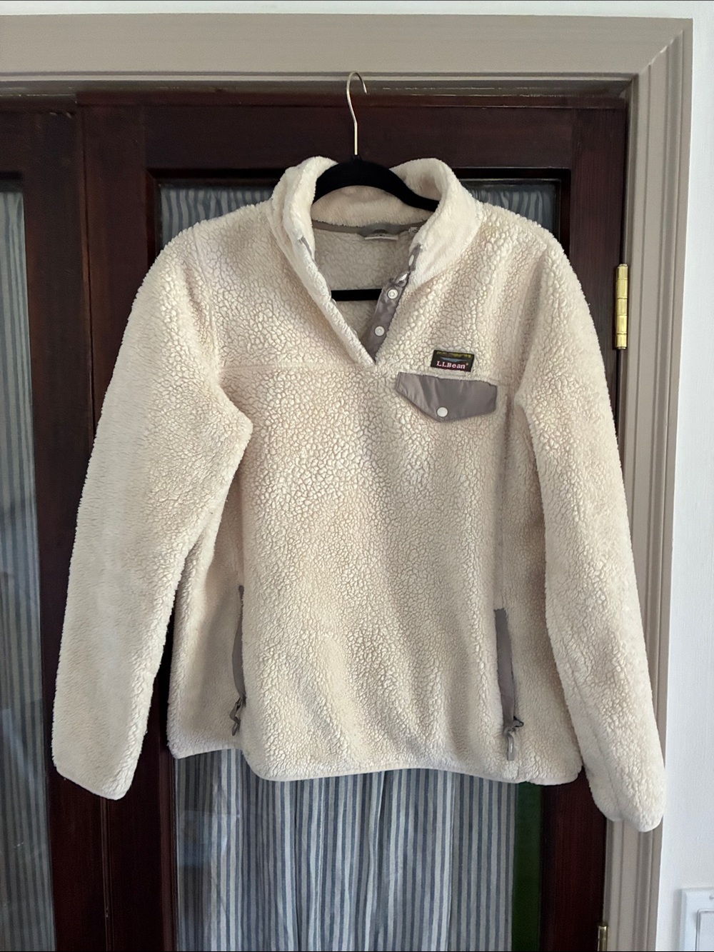 L.L. Bean Cream Sherpa Snap-Neck Pullover with Gray Trim